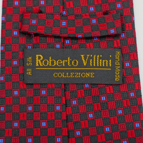 Robert Villini Collezione Red Black Blue Geometric Woven Wide Silk Tie - Picture 3 of 6